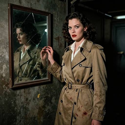 Photograph of a 1940s-style woman with red lipstick, wearing a blood-stained beige trench coat, touching a cracked mirror in a dark