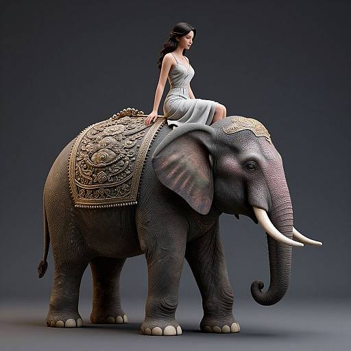 Digital CGI of a regal woman in a white dress sitting atop an ornately decorated, large gray elephant with white tusks against a dark gradient background