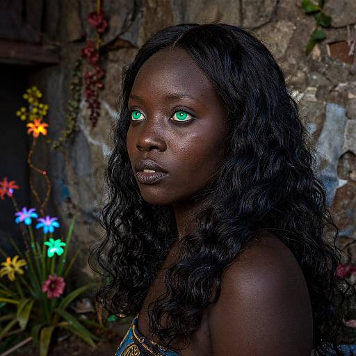 Photograph of a dark-skinned woman with long, wavy black hair and glowing green eyes, wearing a patterned top, against a textured stone
