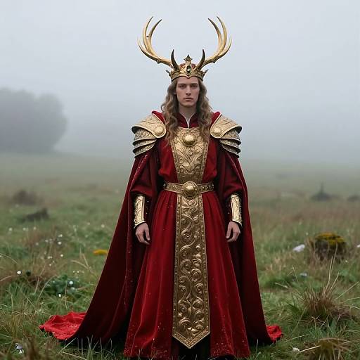 Photograph of a long-haired man in a red velvet and gold-embroidered medieval king's robe with antler crown, standing in a mist