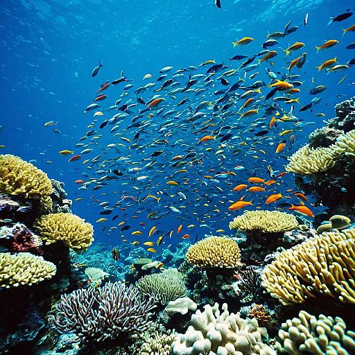 Colorful Fish School Near Coral Reef