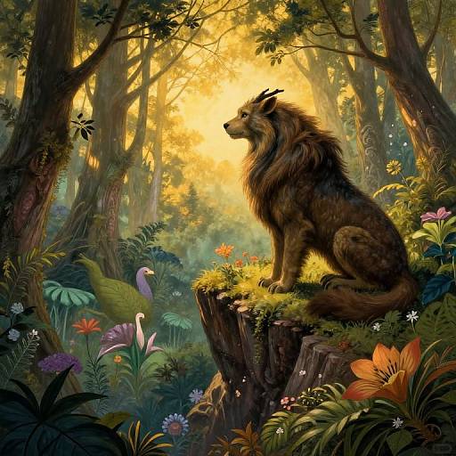 Digital fantasy artwork: A majestic, horned wolf with golden sunlight in the background, sits on a moss-covered tree stump in a vibrant, enchanted forest