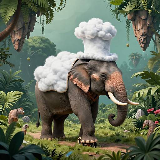 Photorealistic digital art of a large elephant in a lush jungle, wearing a giant chef's hat filled with white foam, surrounded by greenery and