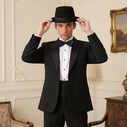 Photograph of a young man in a black tuxedo and bowler hat, adjusting the hat with both hands, standing in an elegant, white
