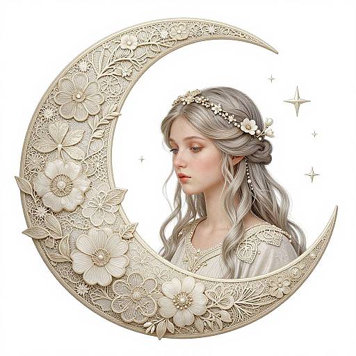 Digital illustration of a fair-skinned, silver-haired woman with a floral headband, wearing an ornate, lace-trimmed dress, framed by