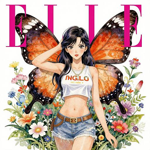 Digital anime-style drawing of a black-haired woman with orange-black butterfly wings, wearing a white 