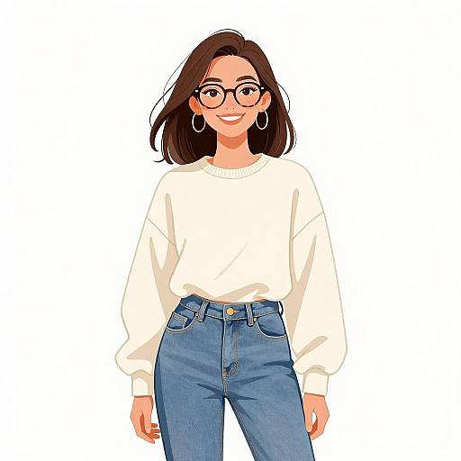 Digital illustration of a smiling woman with brown hair, glasses, white sweater, and blue jeans, standing against a white background.