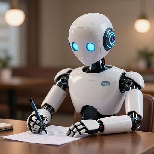 Photograph of a white, humanoid robot with glowing blue eyes, writing with a pen on paper at a wooden table in a softly lit room.