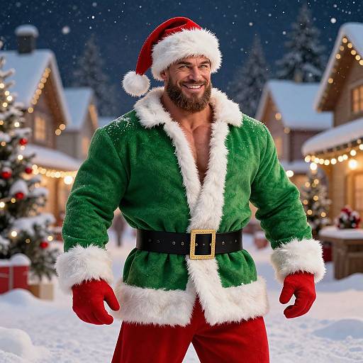 Photograph of a muscular bearded man in a Santa outfit, green velvet jacket with white fur trim, black belt, red pants, and gloves,