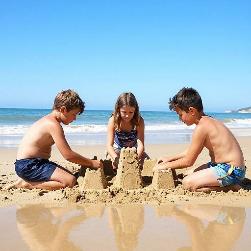 Photograph of three shirtless children, two boys and one girl, building a sandcastle on a sunny beach with blue ocean and clear sky in the
