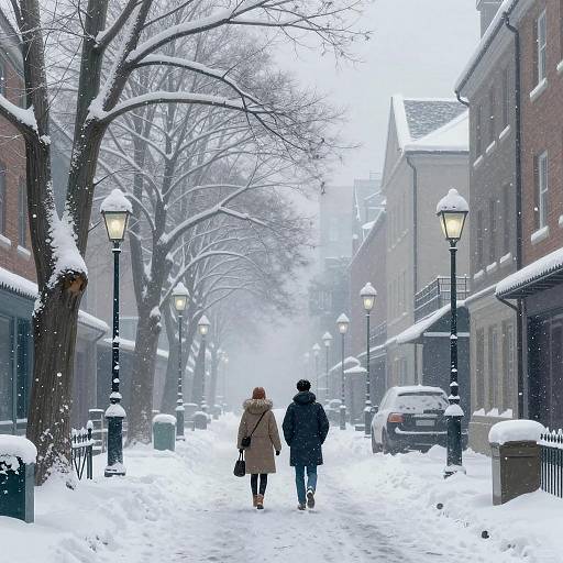 Snowy Street Walk with Lamp Posts