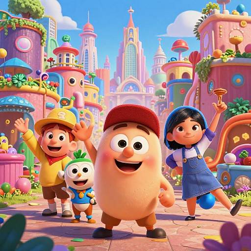 Vibrant CGI image of cartoon characters in colorful, whimsical cityscape with towering, flower-adorned buildings; characters include a round, smiling