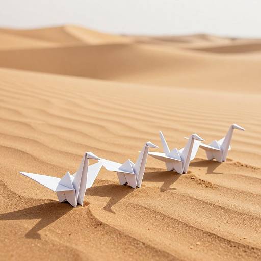 Photograph of six white paper airplanes flying in a line across sunlit, rippled sand, casting long shadows, with a bright, blurred sky in