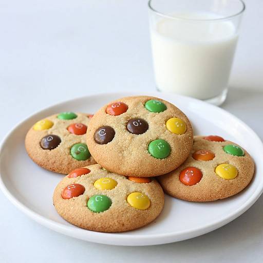 Photograph of five colorful chocolate chip cookies with M&M's on a white plate, next to a glass of milk.