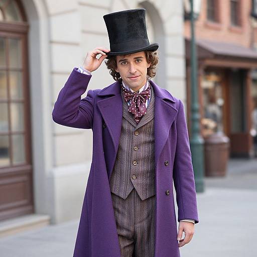Photograph of a man in Victorian attire: purple coat, brown striped vest, red bow tie, black top hat, standing on urban street.