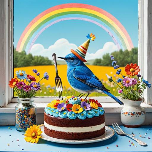 Whimsical Bluebird with Miniature Rainbow Cake Whimsical Bluebird with Miniature Rainbow Cake