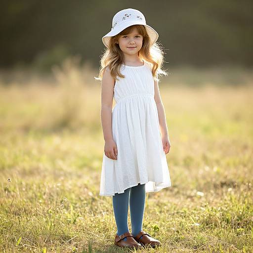Photograph of a young girl with long, wavy brown hair, wearing a white dress, blue leggings, sunhat, and brown sandals, standing