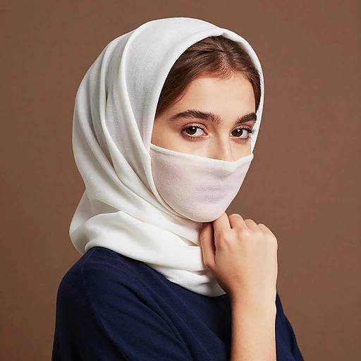 Photograph of a young woman with fair skin, brown eyes, and dark brown hair, wearing a white headscarf and mask, and a dark