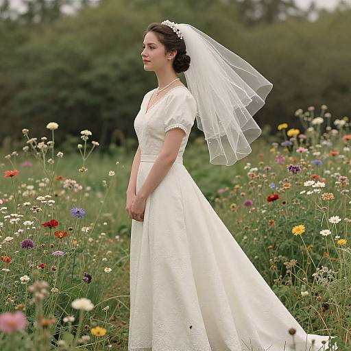Photograph of a fair-skinned woman in a white, lace-trimmed wedding dress and veil, standing in a colorful wildflower meadow.