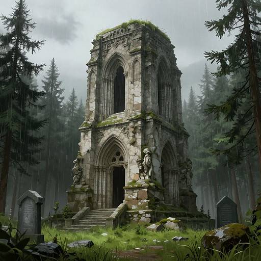 Digital artwork of a moss-covered, Gothic-style, ruined stone tomb with arches, statues, and overgrown grass in a misty, rain-so