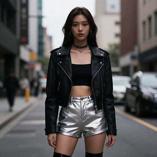 Photograph of an Asian woman in a black leather jacket, black crop top, and silver metallic shorts, standing on a city street. Urban background with
