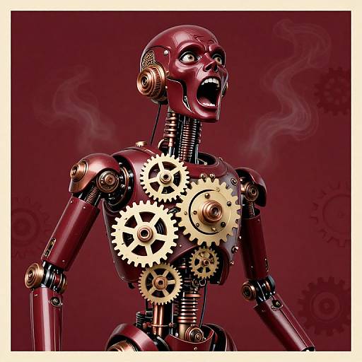 Digital art of a maroon, steam-breathing, humanoid robot with exposed gears, wide-open mouth, and expressive eyes, set against a red,