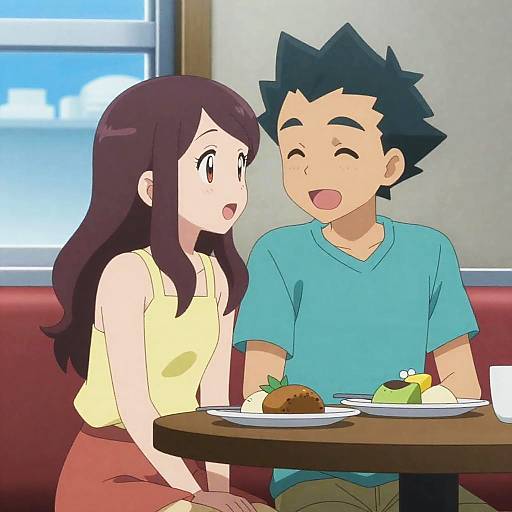 Anime Couple on Romantic Date at Restaurant