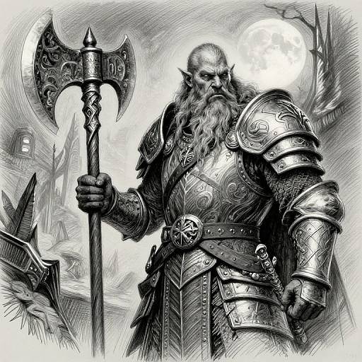 Black-and-white digital drawing of a muscular, bearded Viking warrior in ornate armor, holding a large, intricate axe, with a moonlit,