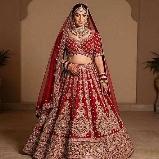 Photograph of a South Asian bride in a red and gold embroidered lehenga and crop top, wearing a sheer veil, ornate jewelry, and traditional