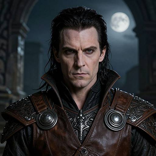 Photograph of a serious-looking man with wet, dark hair, wearing ornate brown leather armor with metal shoulder plates, under a full moon in a