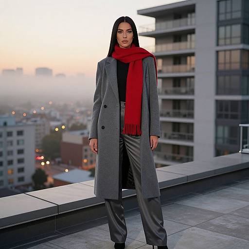 Photograph of a confident woman with long black hair, wearing a gray coat, red scarf, and striped pants, standing on a rooftop at sunset,