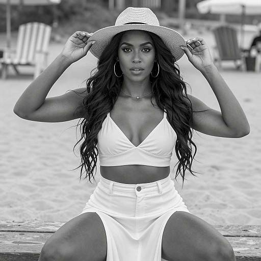 Confident Woman in Straw Hat on Beach