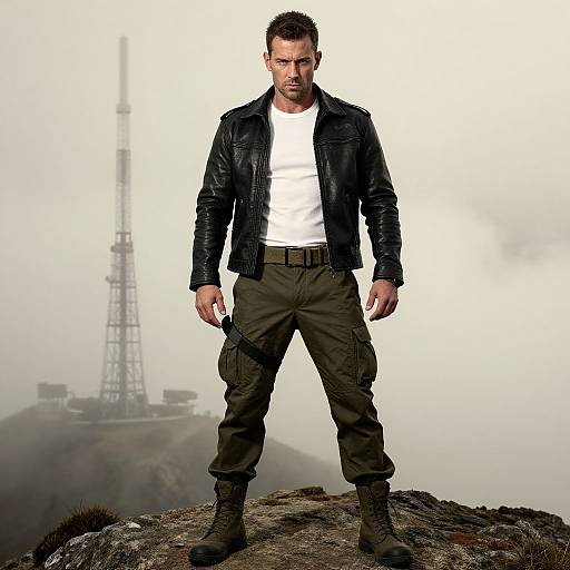 Photograph of a muscular man with short brown hair, wearing a black leather jacket, white t-shirt, green cargo pants, and boots, standing on