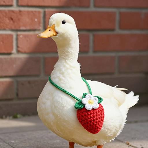 Photograph of a white duck with a green rope halter and red crochet heart, standing on a stone sidewalk against a red brick wall.
