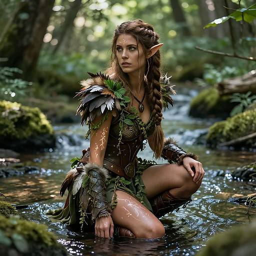 Digital art of a young, elf-like woman with long braided brown hair, wearing leaf and feather armor, kneeling in a forest stream, surrounded by