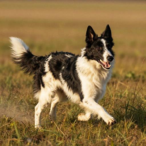 Photograph of a black and white Border Collie running through a grassy field, tongue out, ears perked, sunlight highlighting its fur.