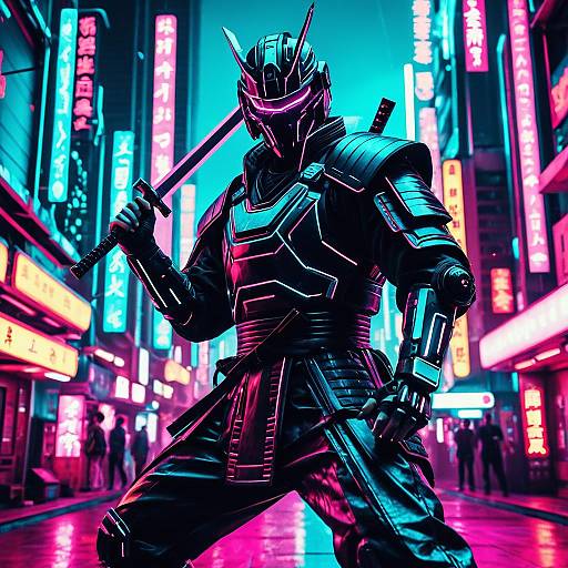 Cybernetic Samurai in Neon Cyberpunk City
