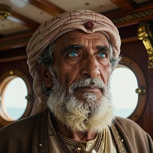 Photograph of an elderly, wrinkled, white-bearded man with intense blue eyes, wearing a white turban and layered necklaces, in a