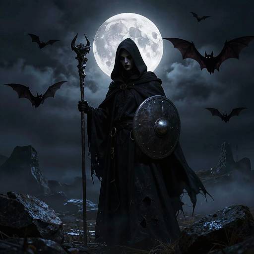 Dark fantasy illustration: hooded figure with glowing moon behind, holding staff and shield, surrounded by bats, under stormy night sky.