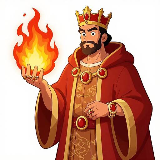 Digital illustration of a bearded king with a red crown and robe, holding a bright orange flame in his right hand.