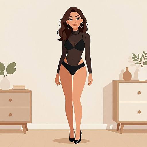 Digital illustration of a smiling woman with long brown hair, wearing a black sheer long-sleeve bodysuit, black high heels, and hoop earrings