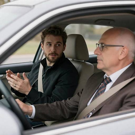Young Driver and Older Passenger Talking in Car