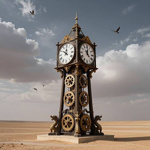 Photograph of a vintage, clock tower with exposed gears, standing in a desert under a blue sky with scattered clouds and flying birds.