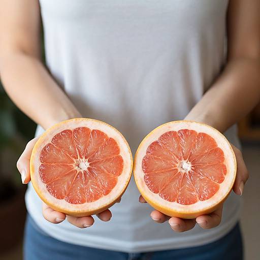 Photograph of a person in a white shirt holding two halved grapefruits, showing vibrant pinkish-red flesh and white pith.