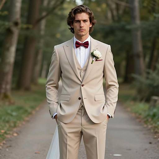 Groom in Beige Wedding Suit on Forest Path