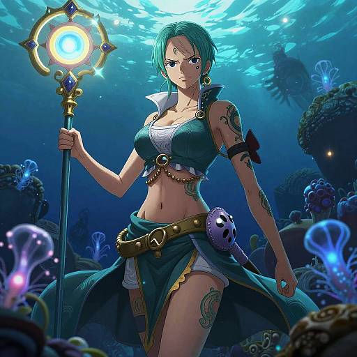 Digital anime-style illustration of a green-haired, tattooed female mage with a glowing staff, wearing a revealing top and skirt, underwater amidst glowing jellyfish