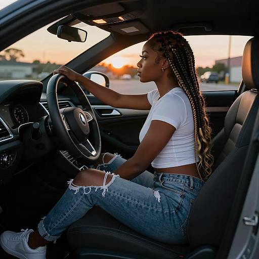 Stunning Woman in Coupe at Sunset