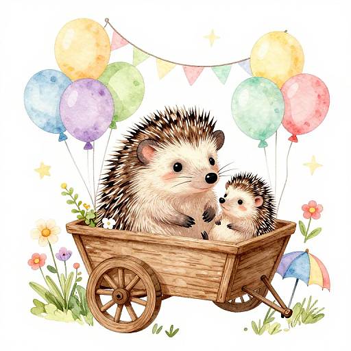 Watercolor illustration of two cute hedgehogs in a wooden wheelbarrow, surrounded by colorful balloons and flowers, with a festive string of flags above