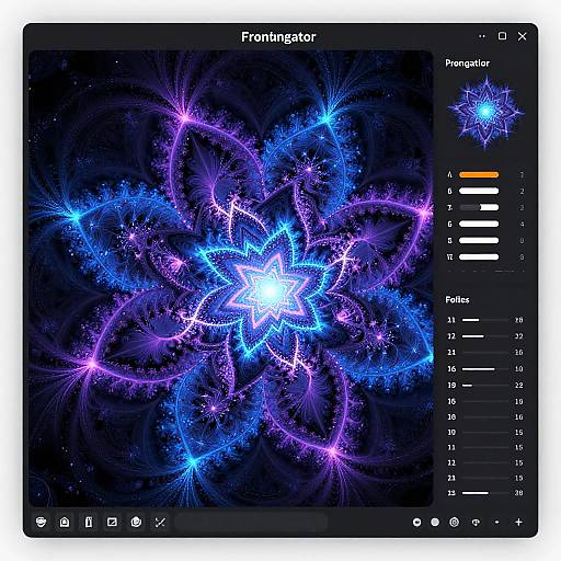 Digital art of a glowing, starburst pattern in blue and purple on a black background, displayed on a Fractalator app interface with sliders and settings