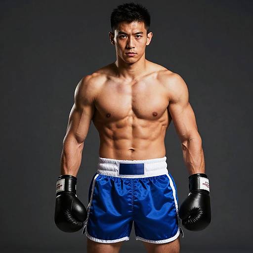 Photograph of a muscular, shirtless Asian man with short black hair, wearing blue boxing shorts and black gloves, standing against a dark gray background.